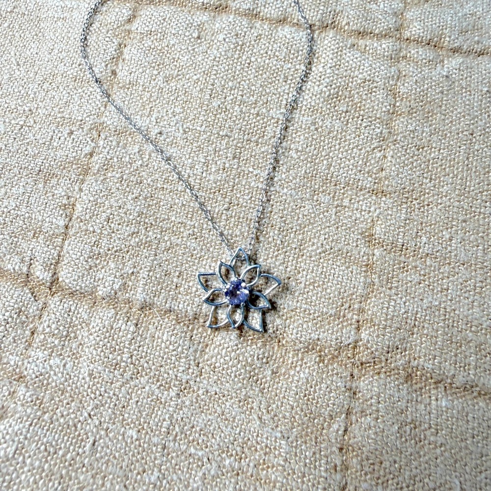 Sterling Silver Lotus Flower Pendant Necklace with Purple Stone Delicate Chain